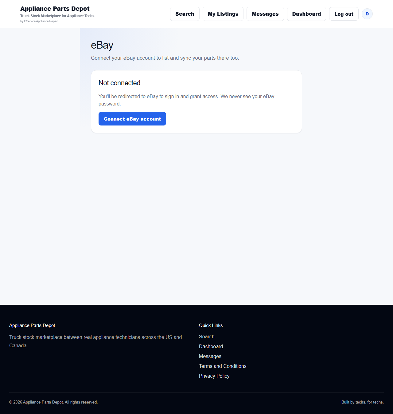 eBay connection page