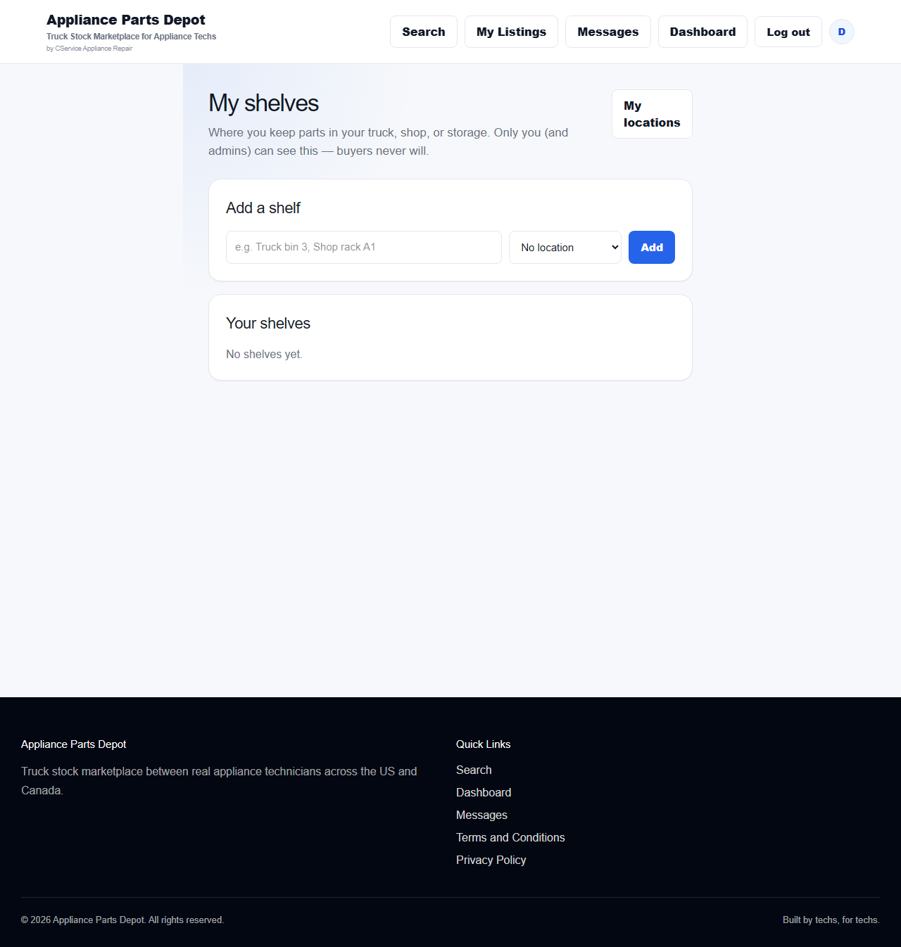 Shelves page